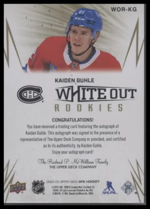 2022 Upper Deck SPx Kaiden Guhle #WOR-KG White Out Rookie Auto back