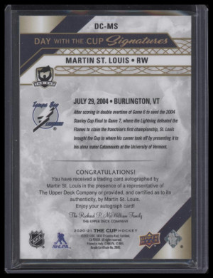 2020 Upper Deck The Cup Martin St. Louis #DC-MS Day With The Cup Signatures back