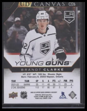 2022 Upper Deck Series 1 Brandt Clarke #C226 Young Guns Black & White Canvas RC back