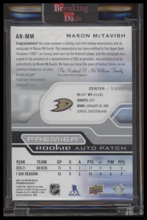 2021 Upper Deck Premier Mason McTavish #AR-MM Rookie Patch Auto #'d /249 back
