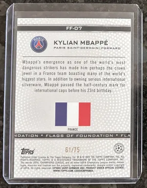 2021-22 Kylian Mbappe Topps UEFA Champions League Flags of Foundafion SP 61/75 back