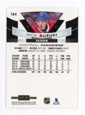 2019-20 OPC O-Pee-Chee Platinum NICK SUZUKI Rookie Card RC RAINBOW 164 Canadiens back