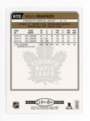 2016-17 OPC O-Pee Chee MITCH MARNER Rookie Card RC RAINBOW PARALLEL #672 Leafs back