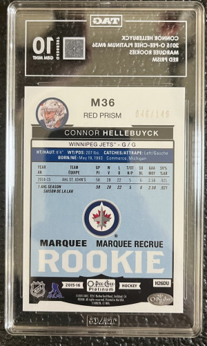 2015-16 Connor Hellebuyck O-Pee-Chee Platinum Red Prism Marquee Rookies TAG 10 #/149 back