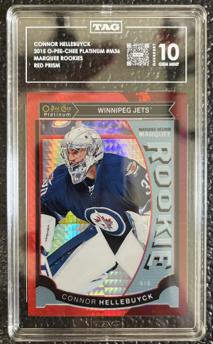 2015-16 Connor Hellebuyck O-Pee-Chee Platinum Red Prism Marquee Rookies TAG 10 #/149 front