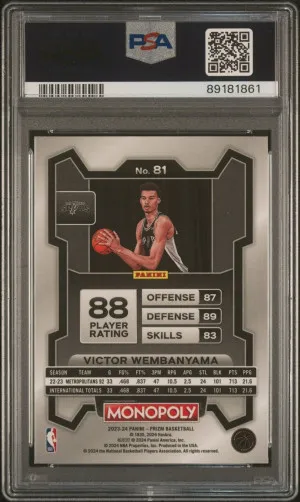 Victor Wembanyama 2023 Prizm Monopoly #81 Rookie Card PSA 10 Gem Mint Spurs back