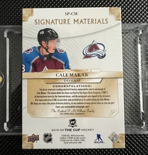 Cale Makar The Cup Signature Materials Rookie Patch Auto /99 back