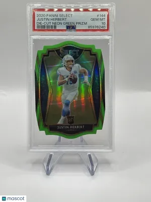 2020 Select Justin Herbert Rookie Neon Green Die Cut Rookie RC 144 PSA 10 🔥 front