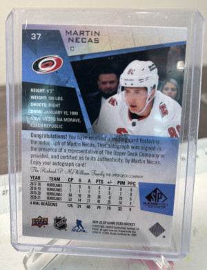 Martin Necas SP Game Used Blue Auto back