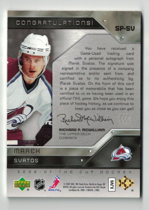 2006-07 Upper Deck The Cup Signature Patch Autograph Marek Svatos 38/75 back