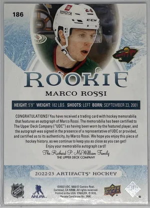 Marco Rossi 2022-23 Artifacts dual jersey auto rookie /49 back
