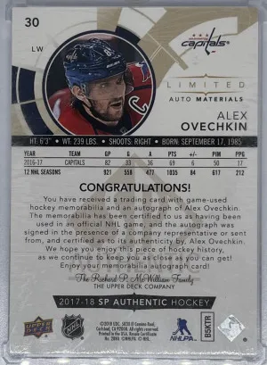 Alex Ovechkin 2017-18 SP Authentic Limited Auto Materials /10 back