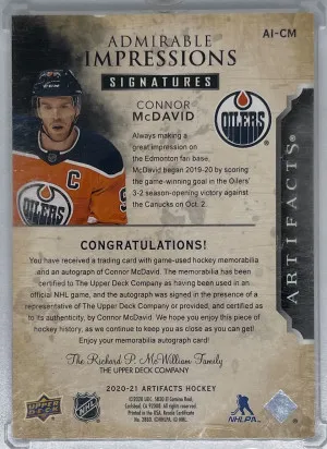 Connor Mcdavid 2020-21 Artifacts Admirable Impressions patch auto /24 back