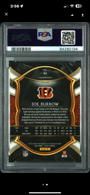 2020 Joe Burrow Select Silver Prizm back
