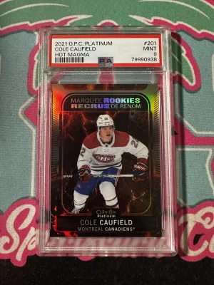 2021-22 OPC Platinum Cole Caufield Rookie Hot Magma /499 RC PSA 9 front