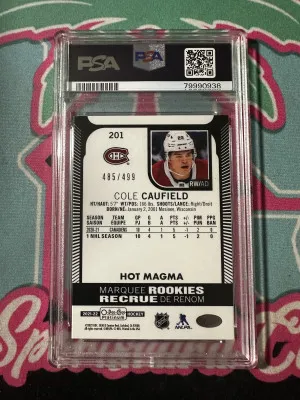 2021-22 OPC Platinum Cole Caufield Rookie Hot Magma /499 RC PSA 9 back