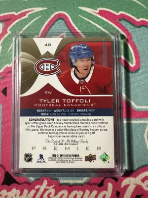 2020-21 Upper Deck Premier Tyler Toffoli Game Used Fight Strap /5 back