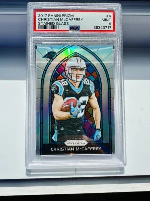 2017 Panini Stained Glass Prizm #4 Christian McCaffrey RC Rookie SSP PSA 9 front