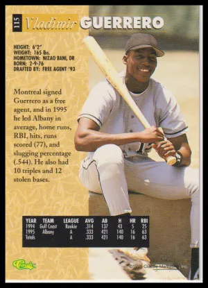 1995 Classic Five Sport #115 Vladimir Guerrero Montreal Expos Prospect back