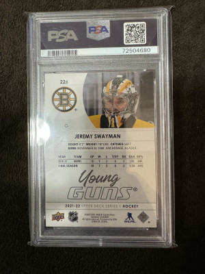 Jeremy Swayman Young Guns PSA 10 back