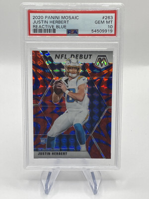 2020 Panini Mosaic Justin Herbert Reactive Blue Rookie PSA 10 Debut front