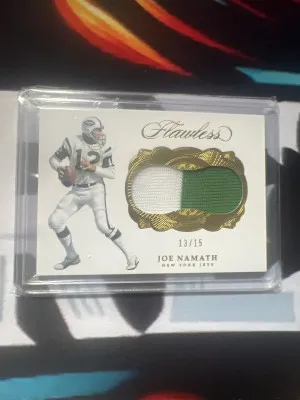 FLAWLESS JOE NAMATH GOLD RELIC PATCH 13/15 front