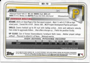 2020 Bowman Chrome Draft Sapphire #BD70 Jared Jones - Pirates back