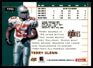 1996 Fleer Ultra Rookies Terry Glenn RC New England Patriots #170 back