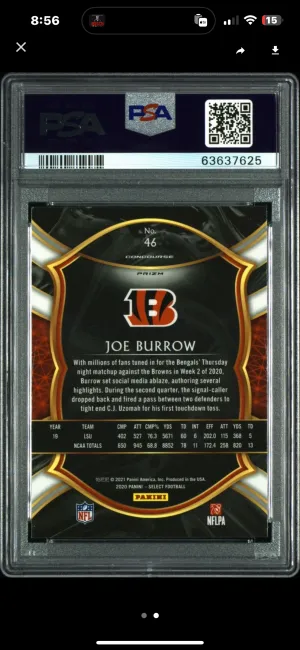 2020 Joe Burrow Select Silver Prizm back
