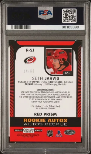 2021-22 O-PEE-CHEE PLATINUM SETH JARVIS RC R-SJ # /60 RED PRISM ROOKIE AUTO PSA 9 back