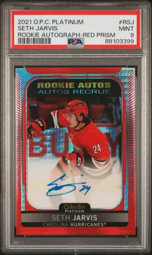 2021-22 O-PEE-CHEE PLATINUM SETH JARVIS RC R-SJ # /60 RED PRISM ROOKIE AUTO PSA 9 front