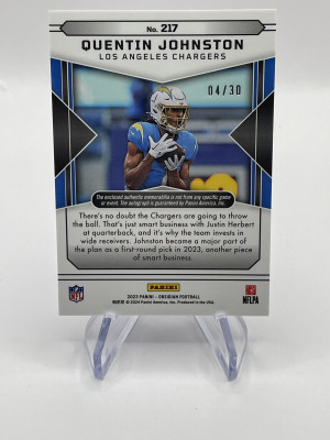 2023 Panini Obsidian Quentin Johnston FOTL Rookie Patch Auto /30 back