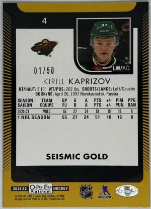 Kirill Kaprizov 2021-22 OPC Platinum Seismic Gold 01/50 back