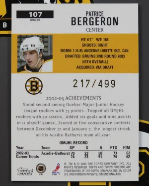 Patrice Bergeron 2003-04 Topps Pristine Rookie Refractor /499 #107 MINT back