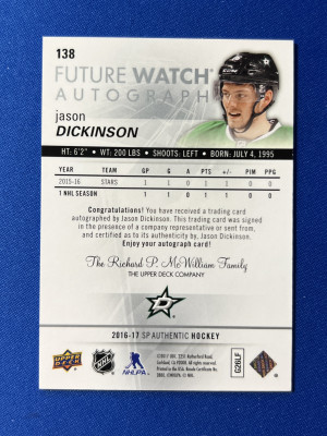 2016-17 SP Authentic Jason Dickinson Future Watch Auto /999 #138 back