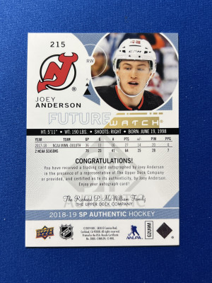 2018-19 SP Authentic Joey Anderson Future Watch Auto /999 #215 back