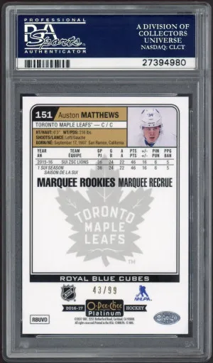 2016-17 O-pee-chee OPC Platinum #151 Auston Matthews Royal Blue Cubes /99 PSA 9 Mint back