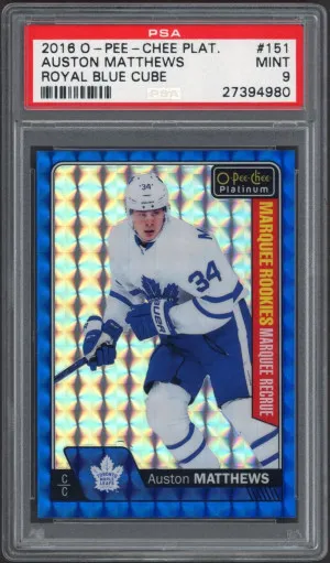 2016-17 O-pee-chee OPC Platinum #151 Auston Matthews Royal Blue Cubes /99 PSA 9 Mint front