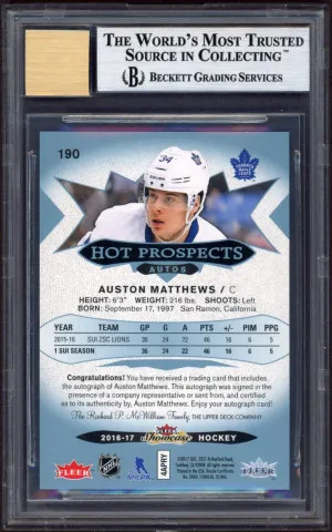 2016-17 Fleer Showcase White Hot Prospects #190 Auston Matthews /5 BGS 9 Auto 10 back