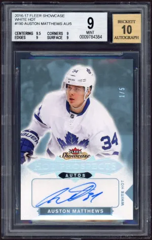 2016-17 Fleer Showcase White Hot Prospects #190 Auston Matthews /5 BGS 9 Auto 10 front