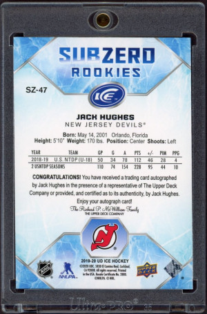 2019 Upper Deck Ice Sub Zero Rookies Auto SZ-47 Jack Hughes back