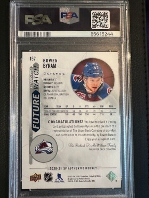 2020-21 SP AUTHENTIC BOWEN BYRAM FUTURE WATCH PSA 9 AUTO ROOKIE 264/999 #197 back