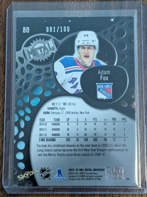 22-23 UD Skybox Metal NHL PMG Red 081/100 - Adam Fox #80 back