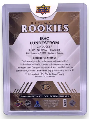 2018-19 Upper Deck Ultimate Collection #54 Isac Lundestrom #/299 Rookie AU,RC,SN back