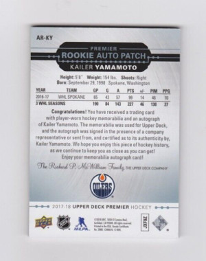 Kailer Yamamoto 2017-18 Upper Deck Premier - Acetate Rookie Auto Patch /25 back