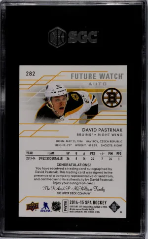 2014-15 Upper Deck SP Authentic David Pastrnak #282 SGC 10 back