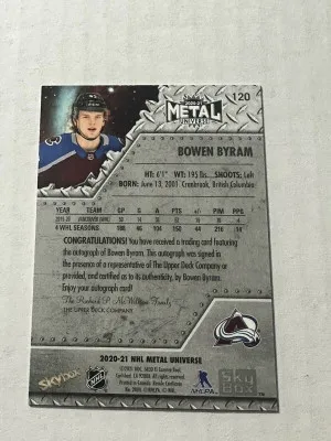 Bowen Byram 2020-21 Skybox Metal Universe Green #120 /10 Rookie Auto Avalanche back