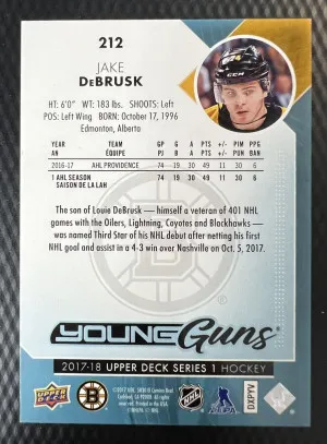 2017-18 Upper Deck Young Guns Jake DeBrusk #212 Rookie RC Boston Bruins back