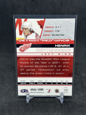 Henrik Zetterberg 2002-03 Pacific Heads Up Rookie RC /1000 #132 Red Wings back
