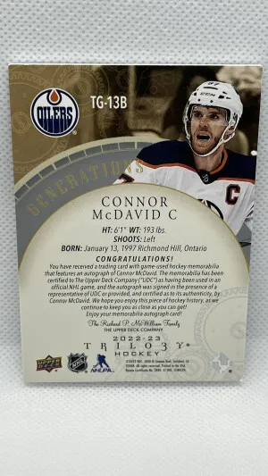 Connor MCDavid 2022-23 Upper Deck Trilogy #TG-13B PATCH AUTO /15 back